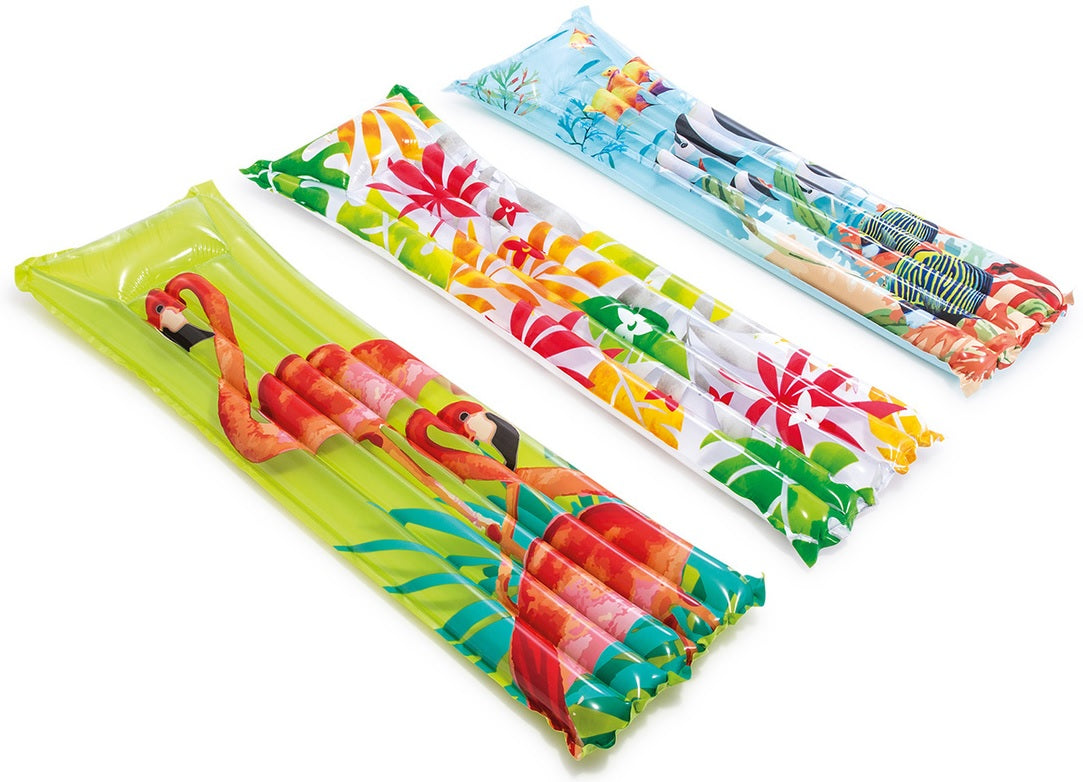 Colorful pool mattresses with different designs.