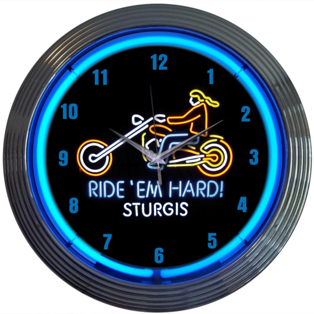 Neonetics Motorcycle Ride Em Hard Sturgis Neon Clock