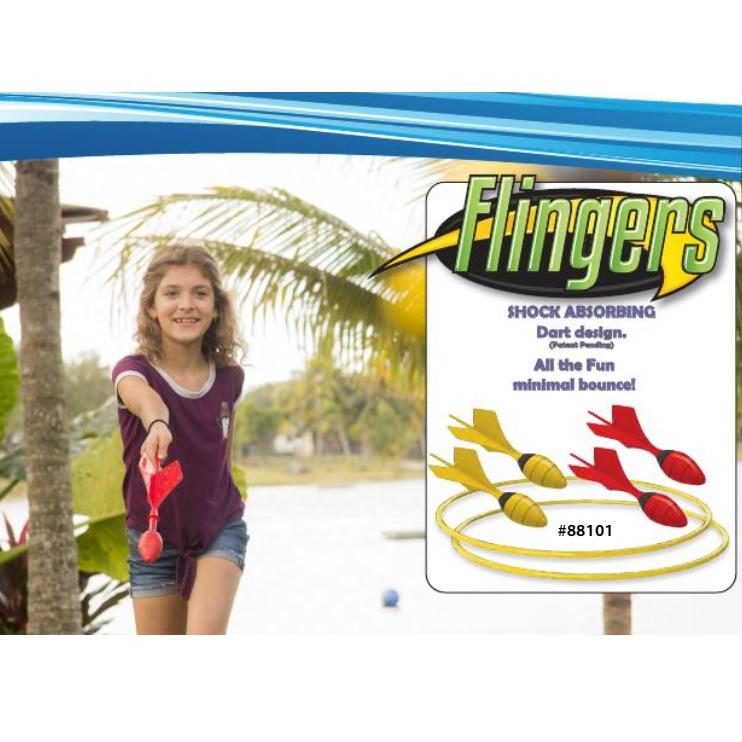 Outdoor game involving lawn darts and ring targets. This is the box it comes in. It shows a girl getting ready to throw one of the red flingers.