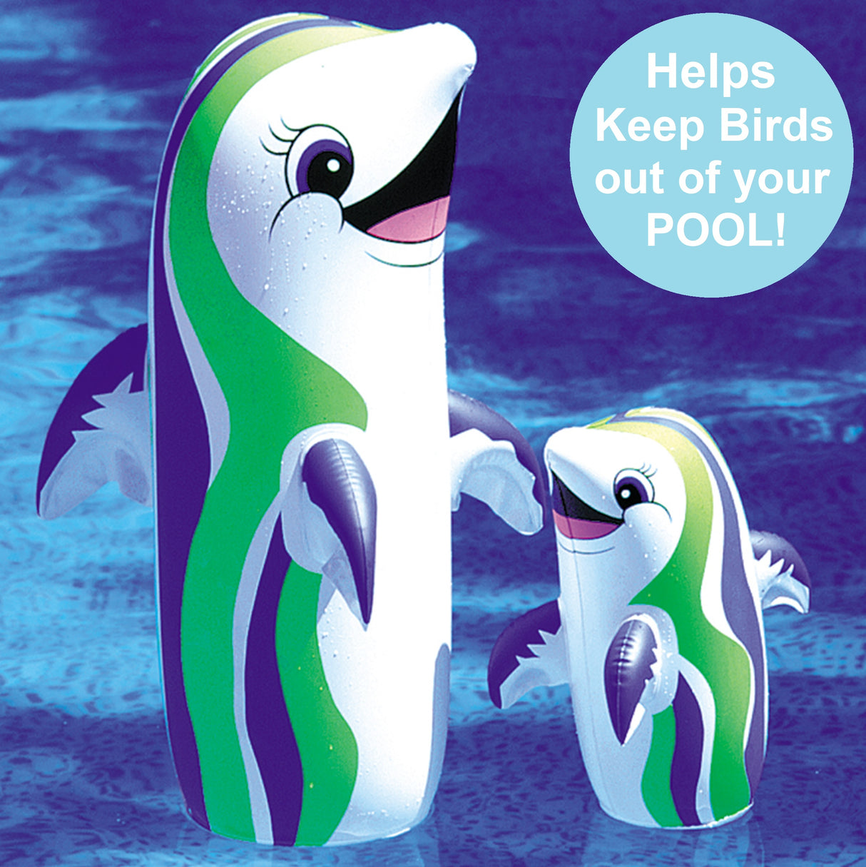 Weighted dolphin inflatables to help keep birds out of your pool.