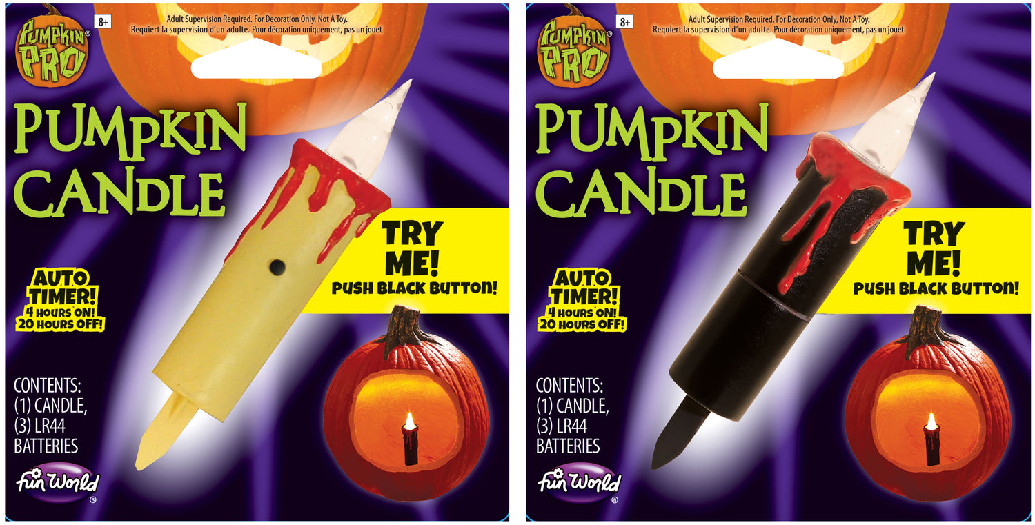 Battery-operated candle with red wax dripping off the top. Designed to be placed inside a pumpkin/jack-o-lantern.