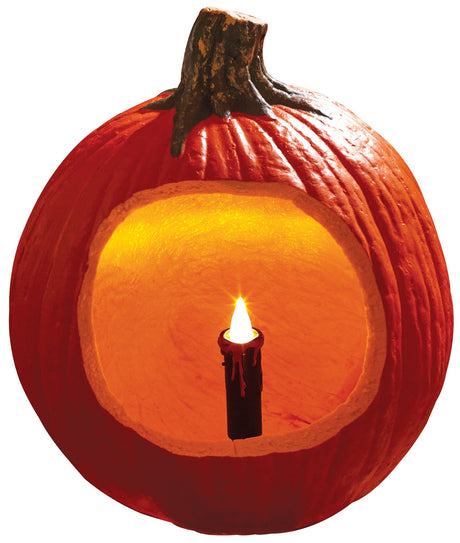 Battery-operated black candle with red wax dripping off the top. Designed to be placed inside a pumpkin/jack-o-lantern.