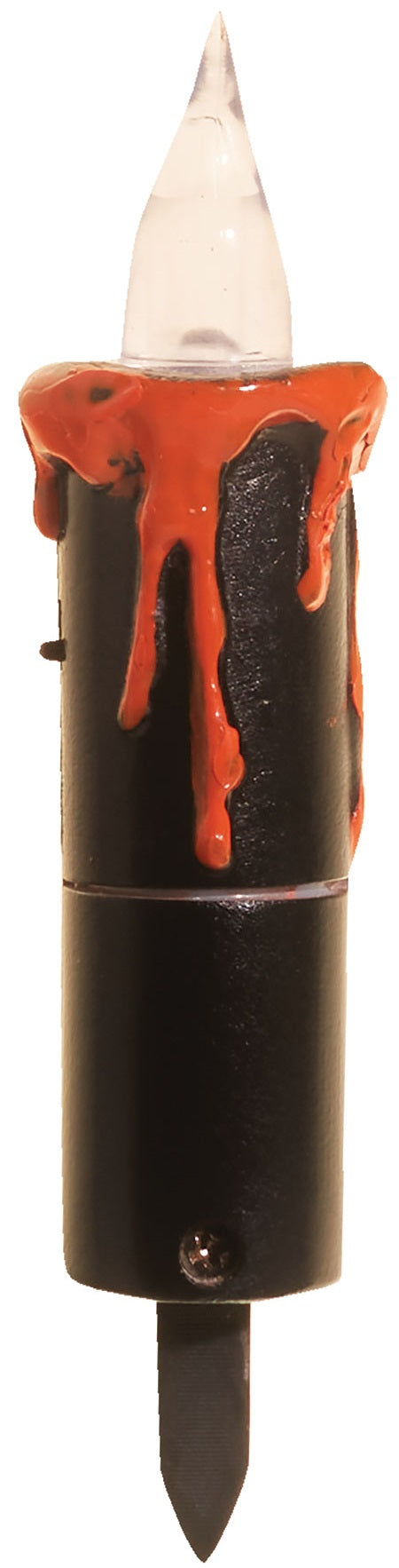 Battery-operated black candle with red wax dripping off the top. Designed to be placed inside a pumpkin/jack-o-lantern.