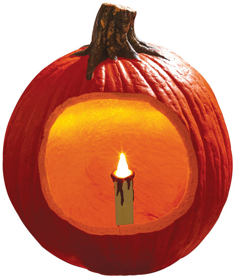 Battery-operated white candle with red wax dripping off the top. Designed to be placed inside a pumpkin/jack-o-lantern.