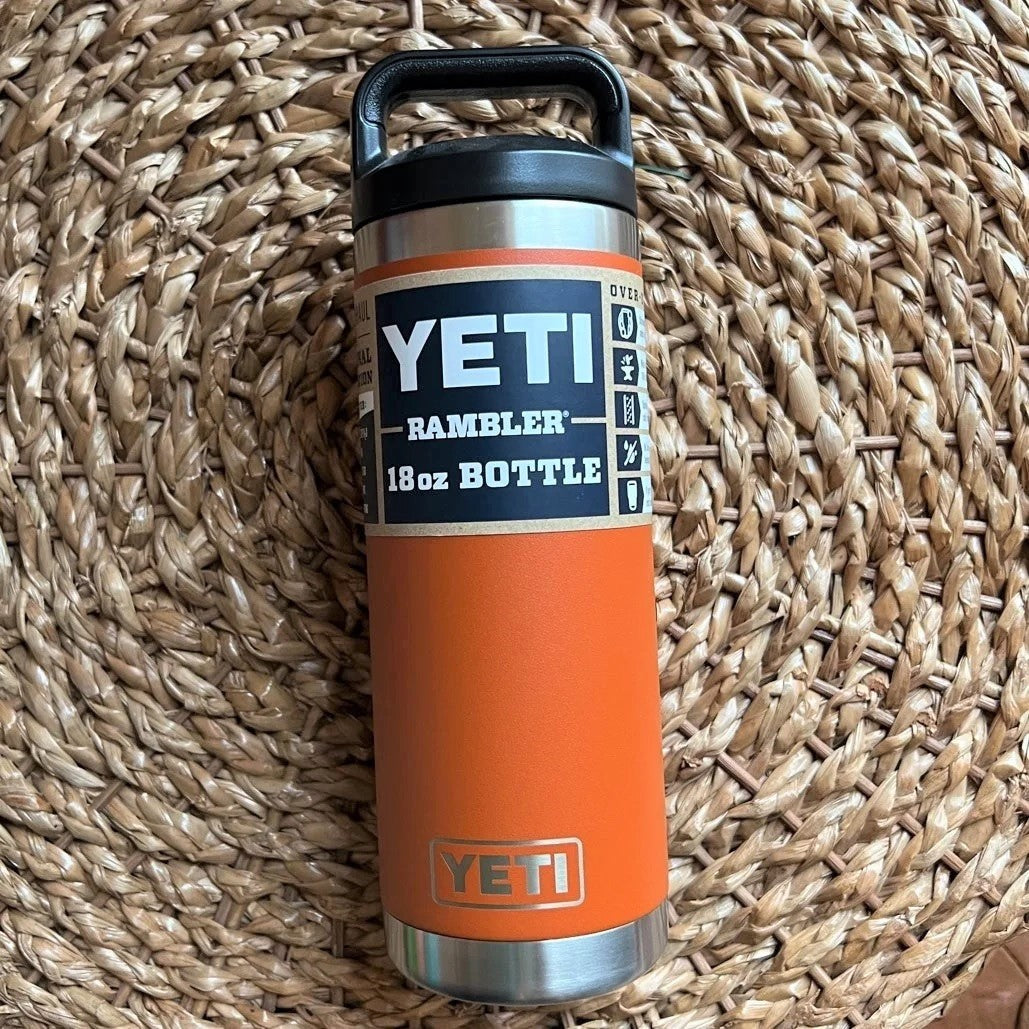 Orange colored Yeti Rambler water bottle.