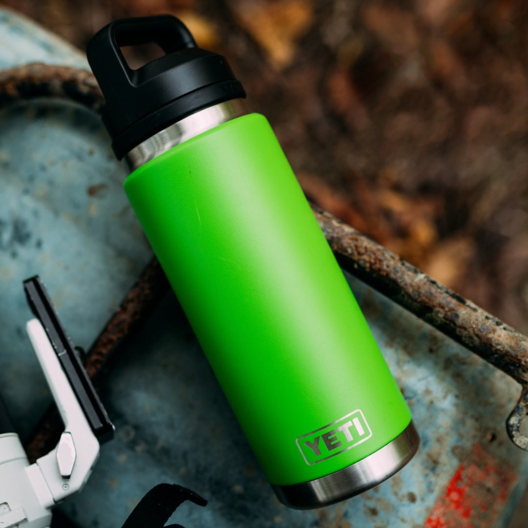 Green colored Yeti Rambler water bottle.
