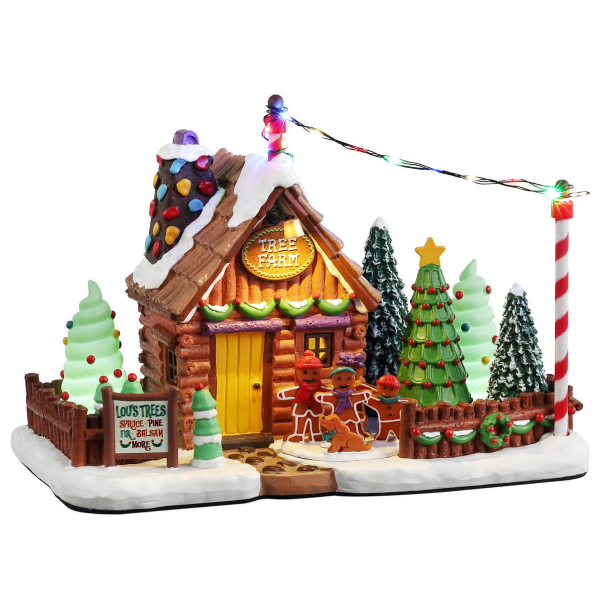 Resin lighted building for a Lemax display. Designed to look like a tree farm where you can choose your favorite tree. Everything appears to be made of candy, gingerbread and frosting.