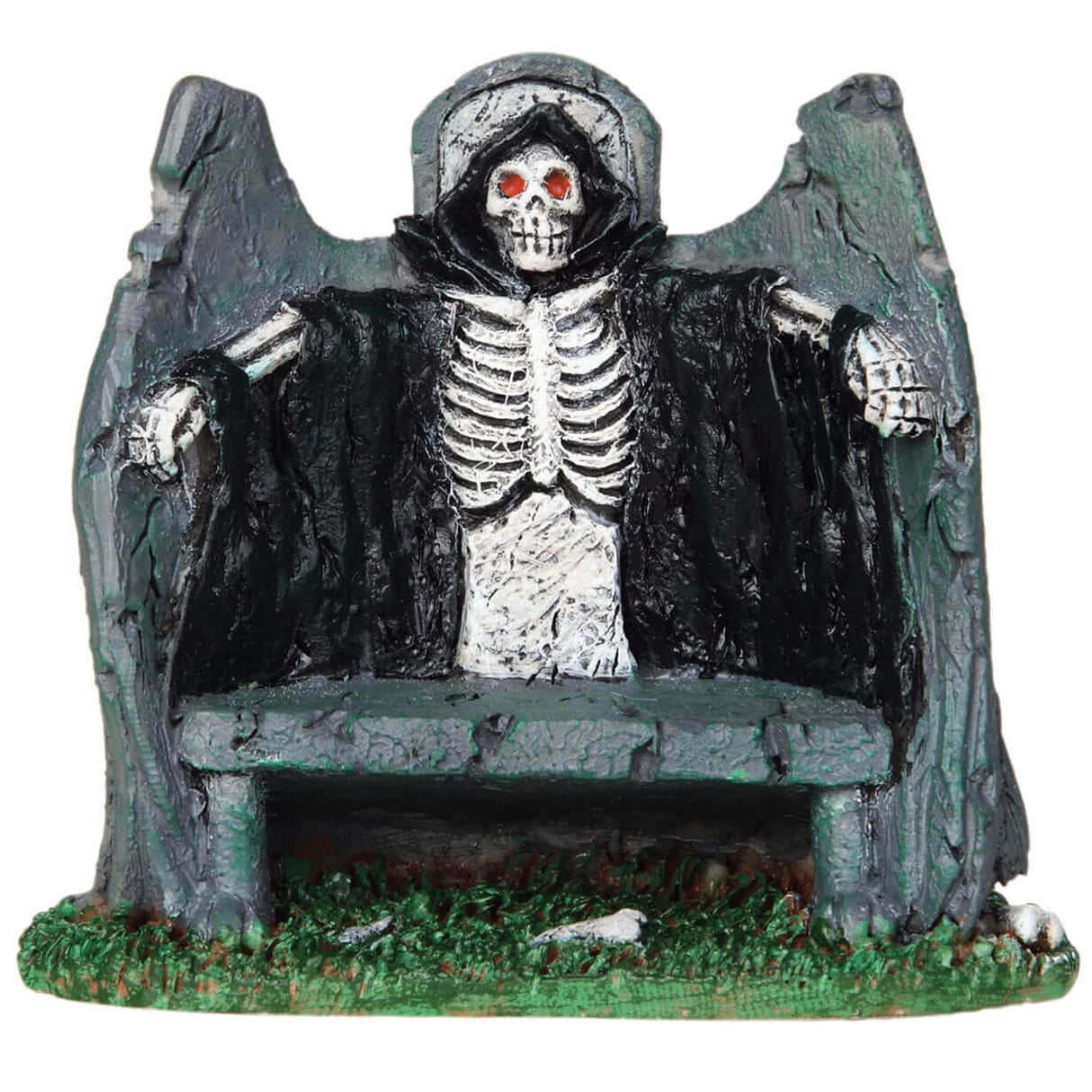Polyresin village accent for a Spooky Town Lemax display. Designed to look like a bench with the Grim Reaper on it.
