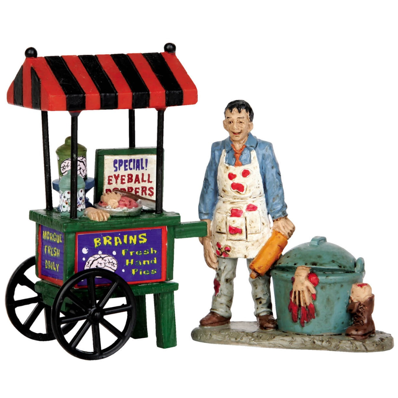 Polyresin figurines for a Lemax display. Designed to look like a food cart vendor. The sign on the cart reads "SPECIAL EYEBALL POPPERS!" And the cart reads "BRAINS AND FRESH HAND PIES." The vendor is wearing an apron with blood splattered on it and he's standing next to a pot with a hat peaking out. There's a foot in a boot next to the pot.