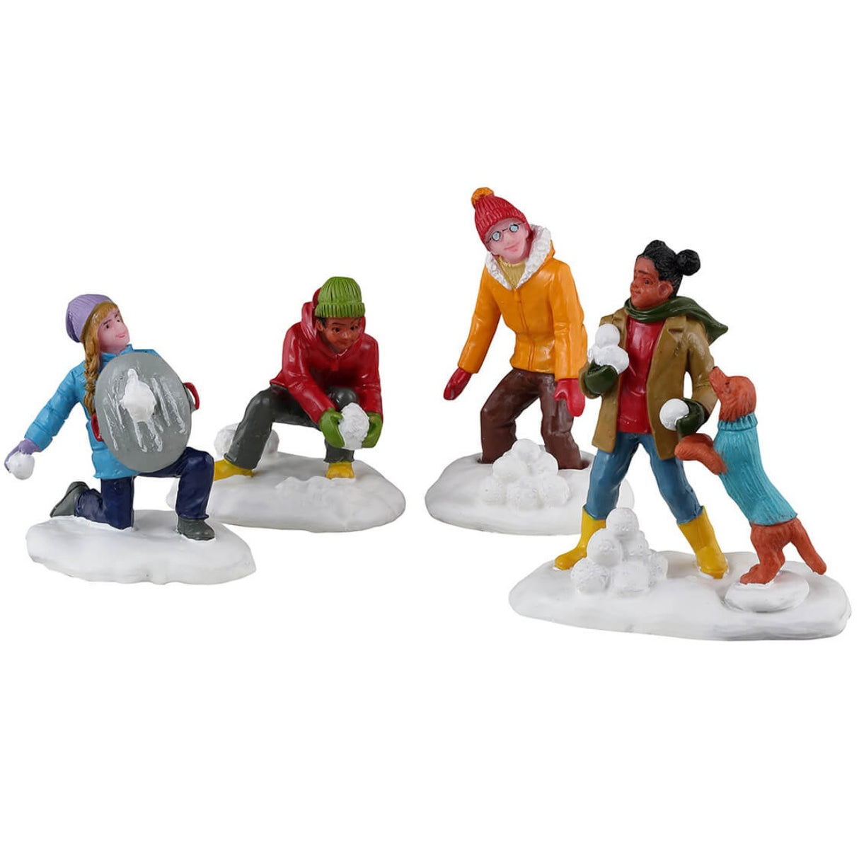 Resin figurines for a Lemax display. Designed to look like four people in a snowball fight. There's a dog wearing a sweater trying to join in.