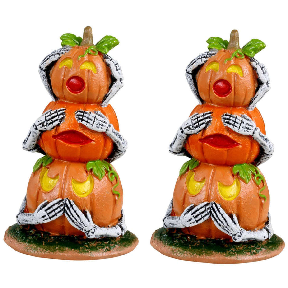 Resin village accessories for a Lemax Spooky Town display. Designed to look like two pumpkin snowmen. Each pumpkin has a set of skeleton arms. They're designed to look like "Hear no evil, see no evil, speak no evil."