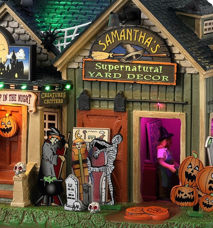 Resin lighted building for a Lemax display. Designed to look like a shack full of Halloween decorations. There are skeletons, ghosts, witches, werewolves, Frankenstein, etc.