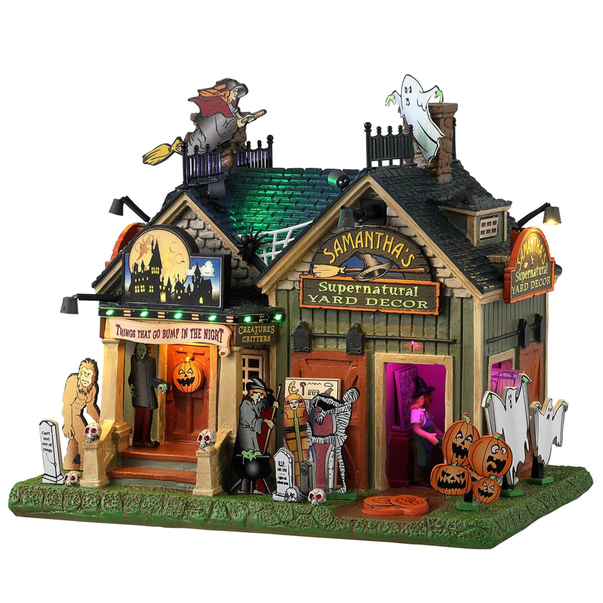 Resin lighted building for a Lemax display. Designed to look like a shack full of Halloween decorations. There are skeletons, ghosts, witches, werewolves, Frankenstein, etc.