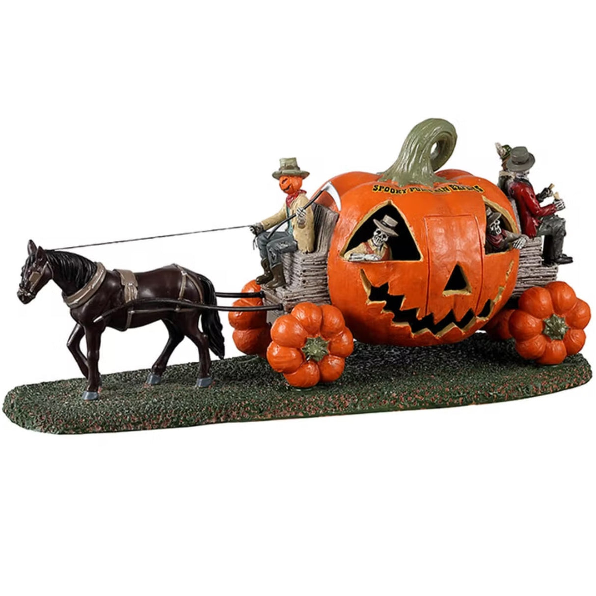 Resin village accent for a Lemax Spooky Town display. Designed to look like a wagon made out of a carved pumpkin. The wheels are small pumpkins. There's a pumpkin man holding the reins of the horse leading the way. There are two monsters sitting on the back.