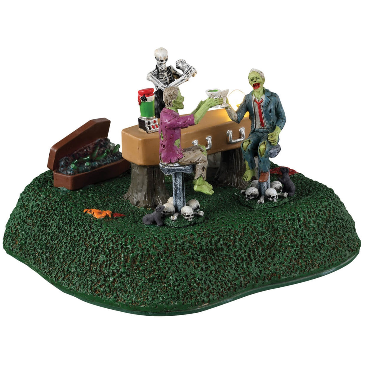 Resin village accent for a Lemax display. Designed to look like a skeleton serving drinks to two monsters. The "bar" is a coffin with a blender on it. The two monsters are sitting on stools with skulls and rats at the bottom.