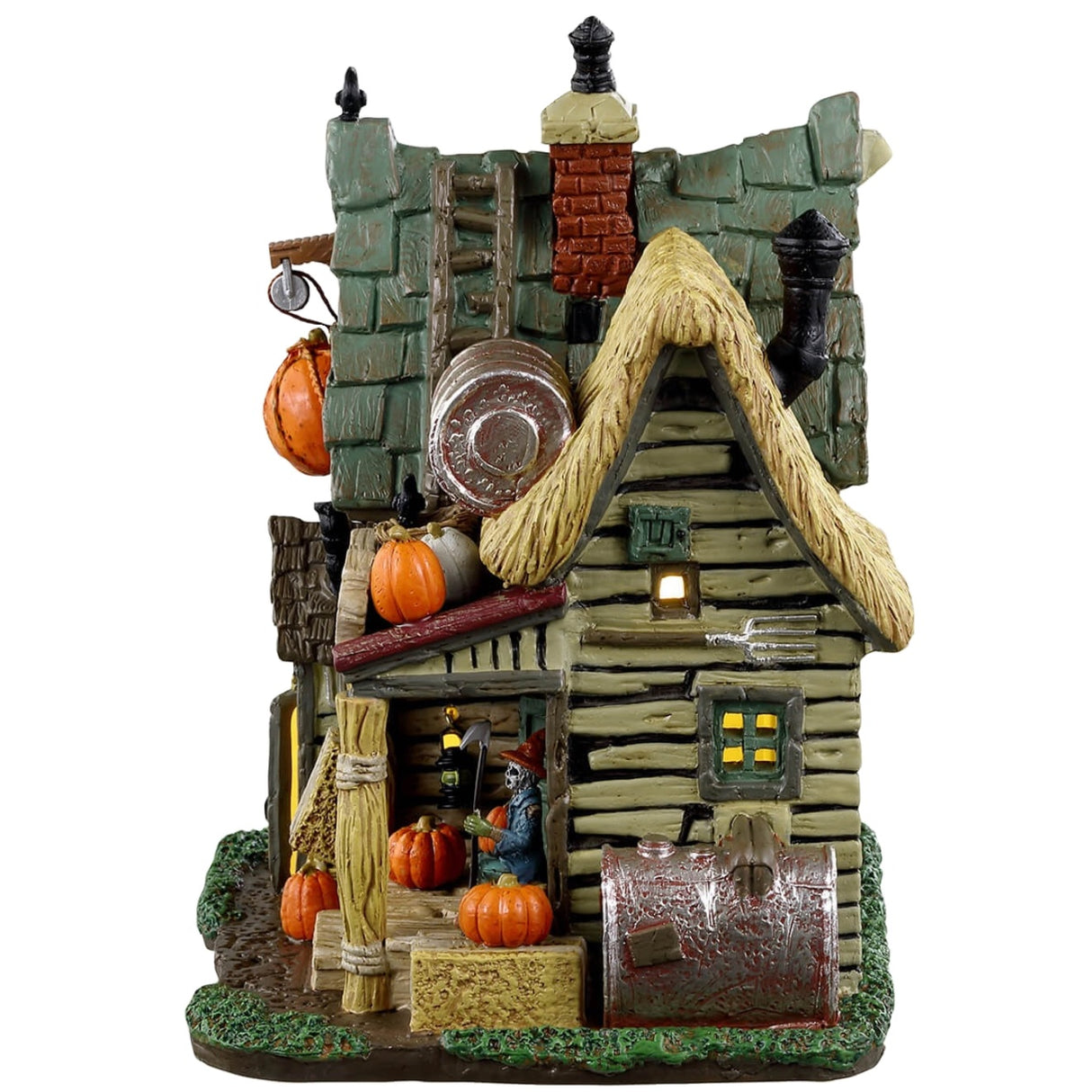 Porcelain lighted building for a Lemax display. Designed to look like a creepy cabin with bales of hay on the roof and on the columns holding it up. There's a skeleton sitting on the porch.