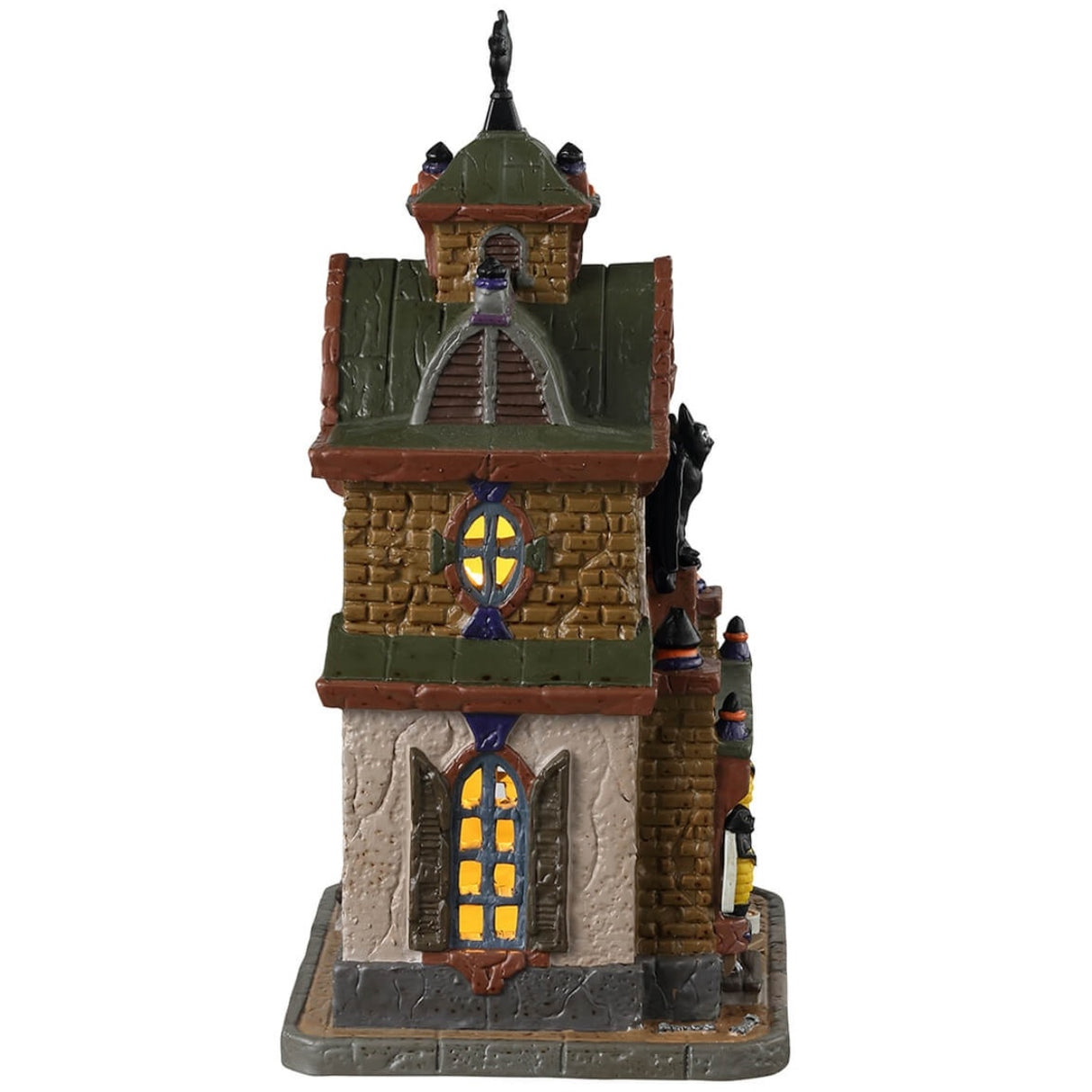 Porcelain lighted building for a Lemax display. Designed to look like a tall pet shop. There are bee statues outside the front. There are skeleton pets waiting to be let inside.