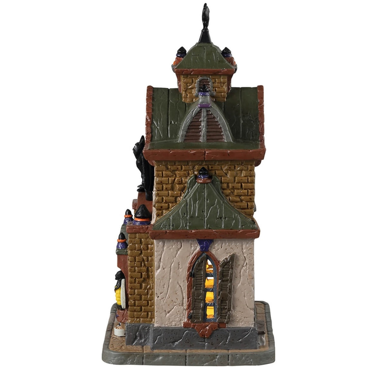 Porcelain lighted building for a Lemax display. Designed to look like a tall pet shop. There are bee statues outside the front. There are skeleton pets waiting to be let inside.