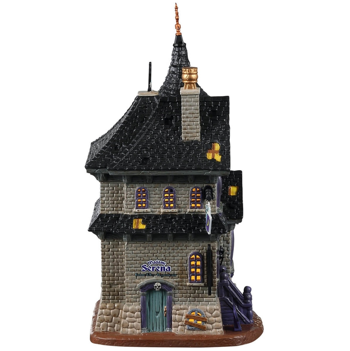 Porcelain lighted building for a Lemax display. Designed to look like a tall, brick building. Serena is staring out the window. There's a sign on the side that reads "TAROT."