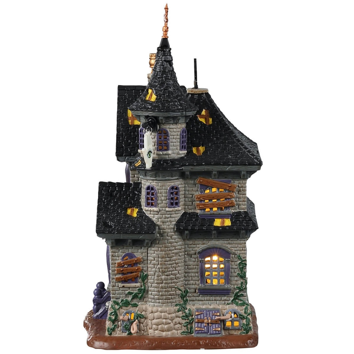 Porcelain lighted building for a Lemax display. Designed to look like a tall, brick building. Serena is staring out the window. There's a sign on the side that reads "TAROT."