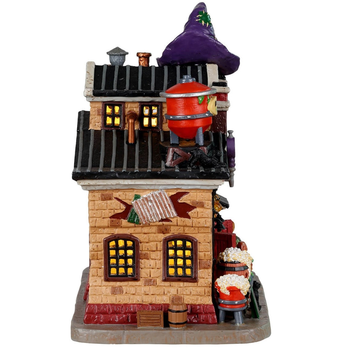 Porcelain lighted building for a Lemax display. Designed to look like a large, brick bar. There are three witches standing on front of a cauldron. There are barrels of beer. There's a window leading to the bar and a skeleton ordering drinks. There are pumpkin lights and a giant purple witch hat on the roof.