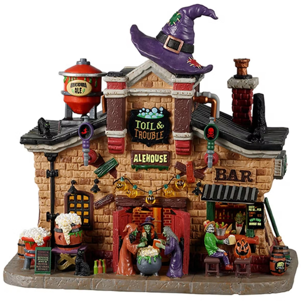 Porcelain lighted building for a Lemax display. Designed to look like a large, brick bar. There are three witches standing on front of a cauldron. There are barrels of beer. There's a window leading to the bar and a skeleton ordering drinks. There are pumpkin lights and a giant purple witch hat on the roof.