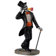 Resin figurine for a Lemax Spooky Town display. Designed to look like a skeleton wearing a tuxedo and a top hat. He has a red bowtie, a red cummerbund and is using a black and gold cane. He has a flower in his mouth.