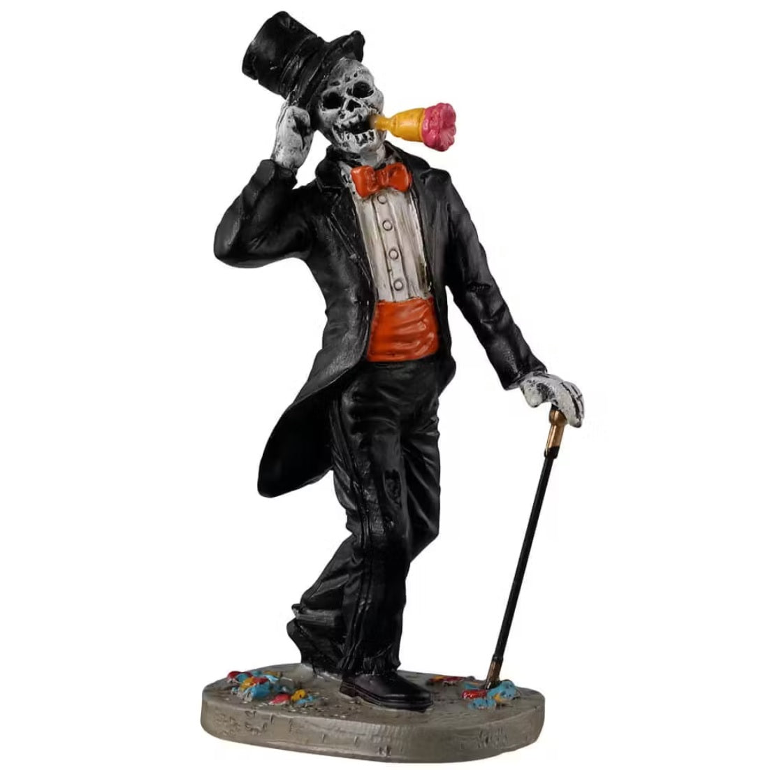 Resin figurine for a Lemax Spooky Town display. Designed to look like a skeleton wearing a tuxedo and a top hat. He has a red bowtie, a red cummerbund and is using a black and gold cane. He has a flower in his mouth.