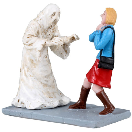 Resin figurine for a Lemax Spooky Town display. Designed to look like a ghost scaring a woman wearing a blue sweater and a red skirt.