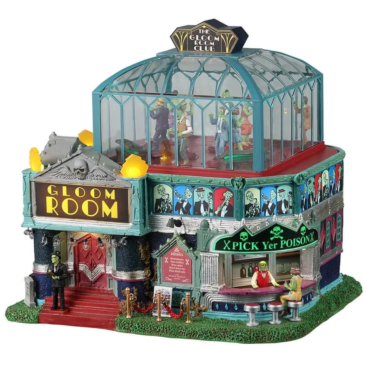 Resin lighted building for a Lemax Spooky Town display. Designed to look like an art deco themed dance club. There's a red carpet and a red velvet rope. There's a bar on the outside that reads "x PICK YER POISON x." There's a monster behind the bar and a woman sitting on a stool. There's a glass dome on top where you can see all the people dancing inside.