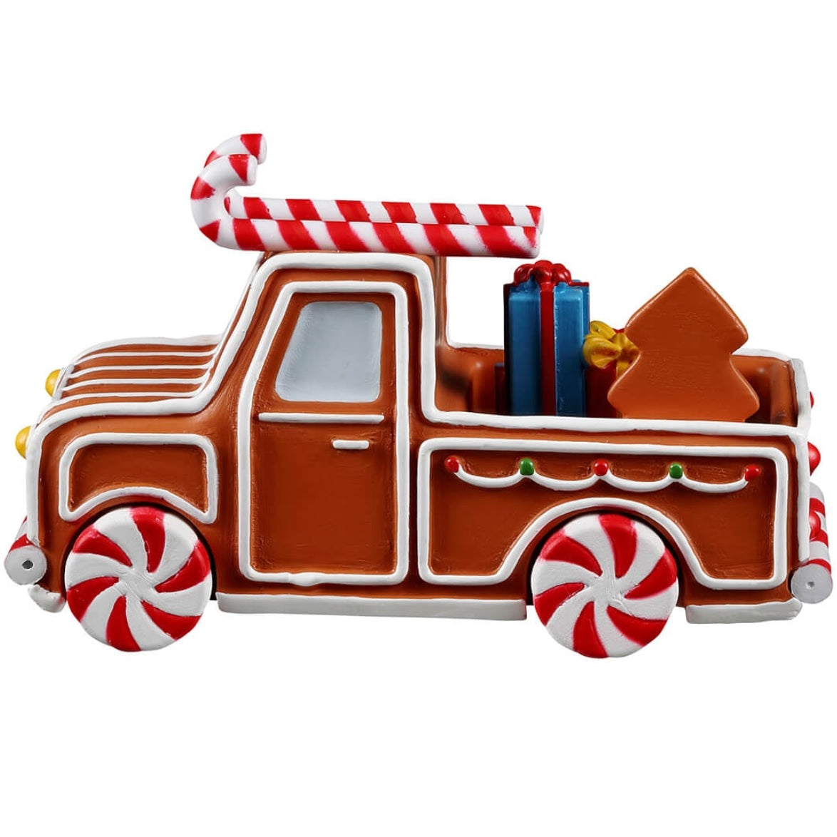 Resin village accent for a Lemax display. Designed to look like a truck made out of gingerbread and peppermint candies.