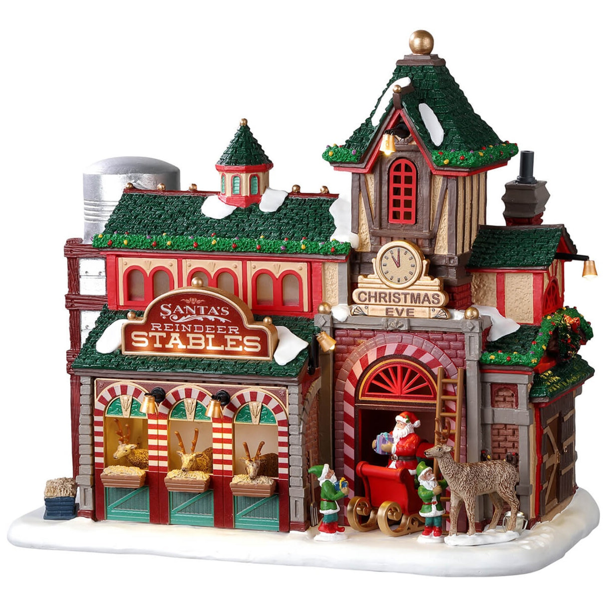 Resin lighted building for a Lemax display. Designed to look like Santa's Reindeer Stables. There are reindeer eating and elves helping Santa Claus get his sleigh ready.