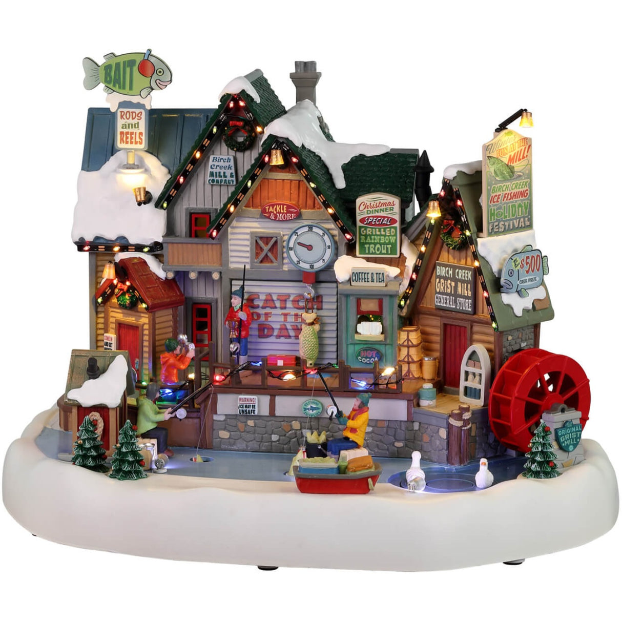 Resin lighted building for a Lemax display. Designed to look like a wooden cabin near an icy river. There's someone ice fishing and someone taking a picture of someone with a fish. There's a water turbine and someone in a boat. You can buy rods and reels, grilled fish and hot chocolate, coffee or tea. You can also celebrate the Birch Creek Ice Fishing Festival at the General Store.