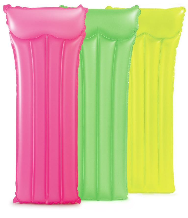 Pink, green and yellow pool mattresses.