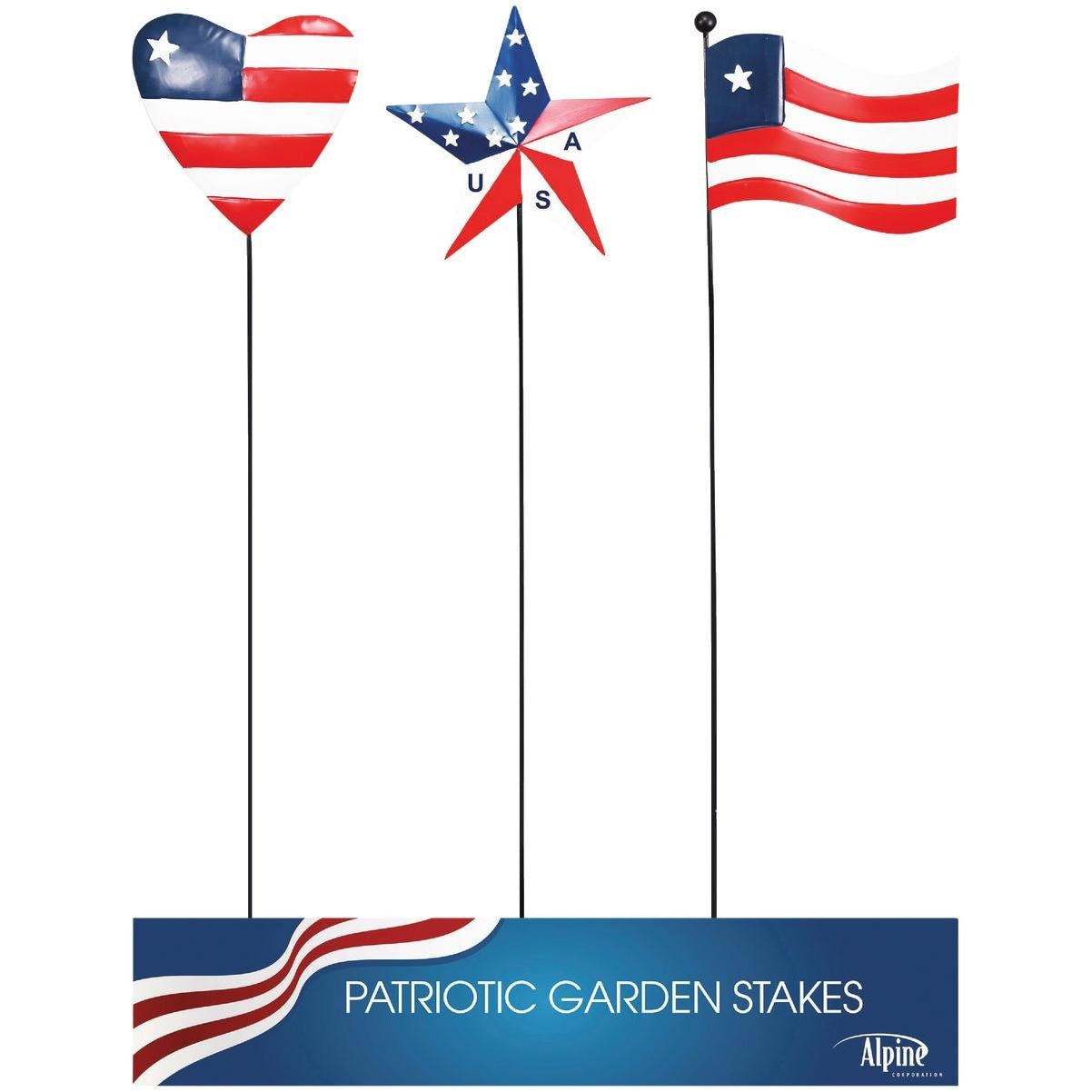 Patriotic outdoor garden stakes. One is shaped like a heart, one is shaped like a star and one is shaped like a flag. They're all red, white and blue and designed to look like the American flag.