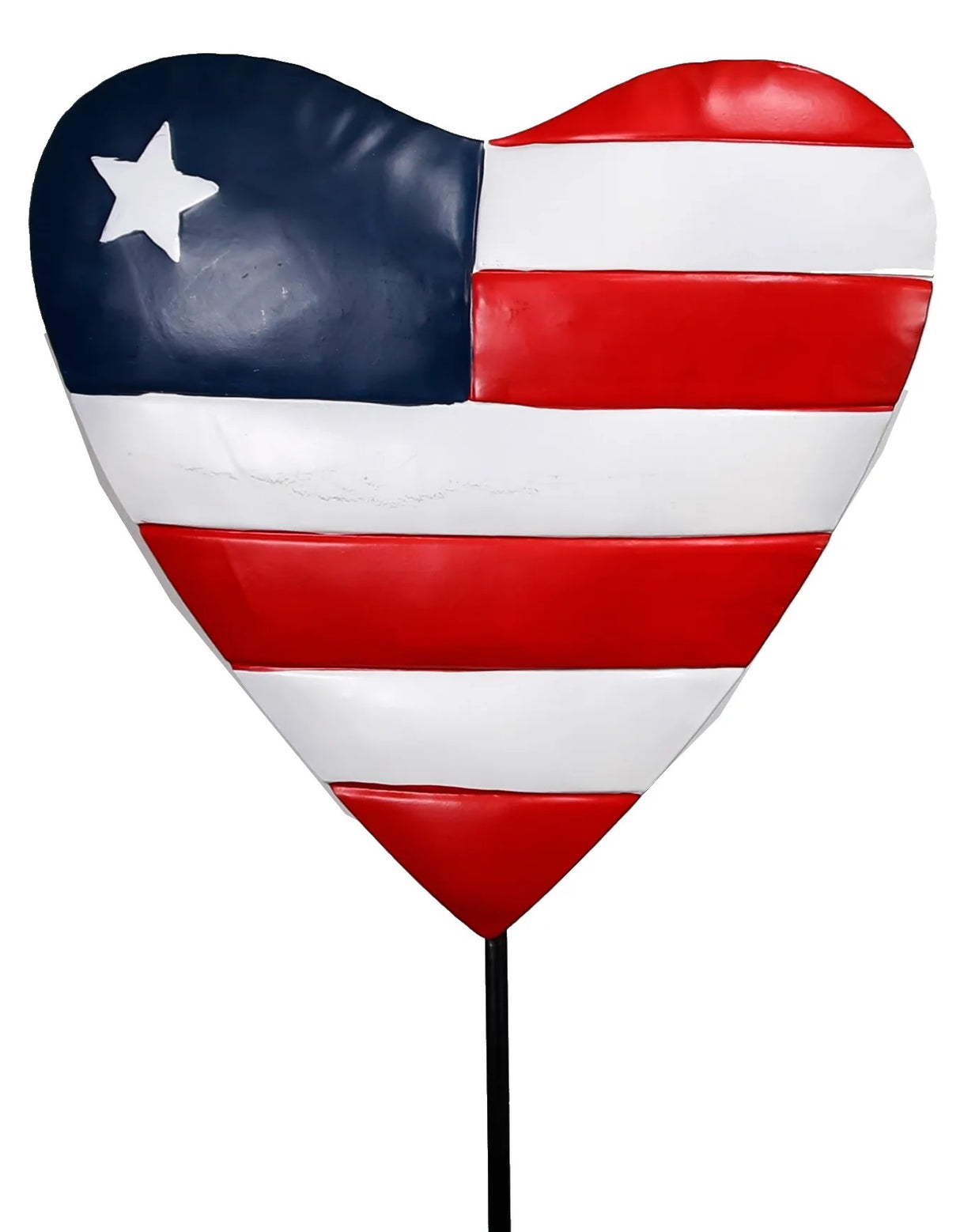 Patriotic outdoor garden stakes. One is shaped like a heart, one is shaped like a star and one is shaped like a flag. They're all red, white and blue and designed to look like the American flag.