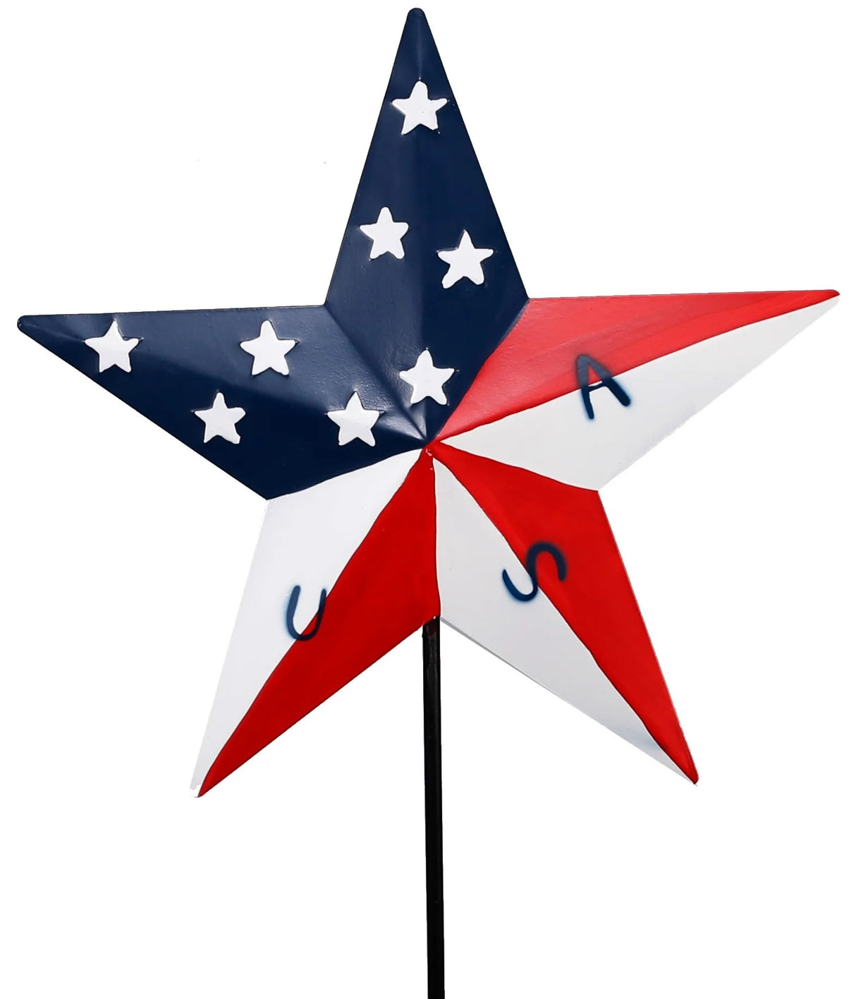 Patriotic outdoor garden stakes. One is shaped like a heart, one is shaped like a star and one is shaped like a flag. They're all red, white and blue and designed to look like the American flag.