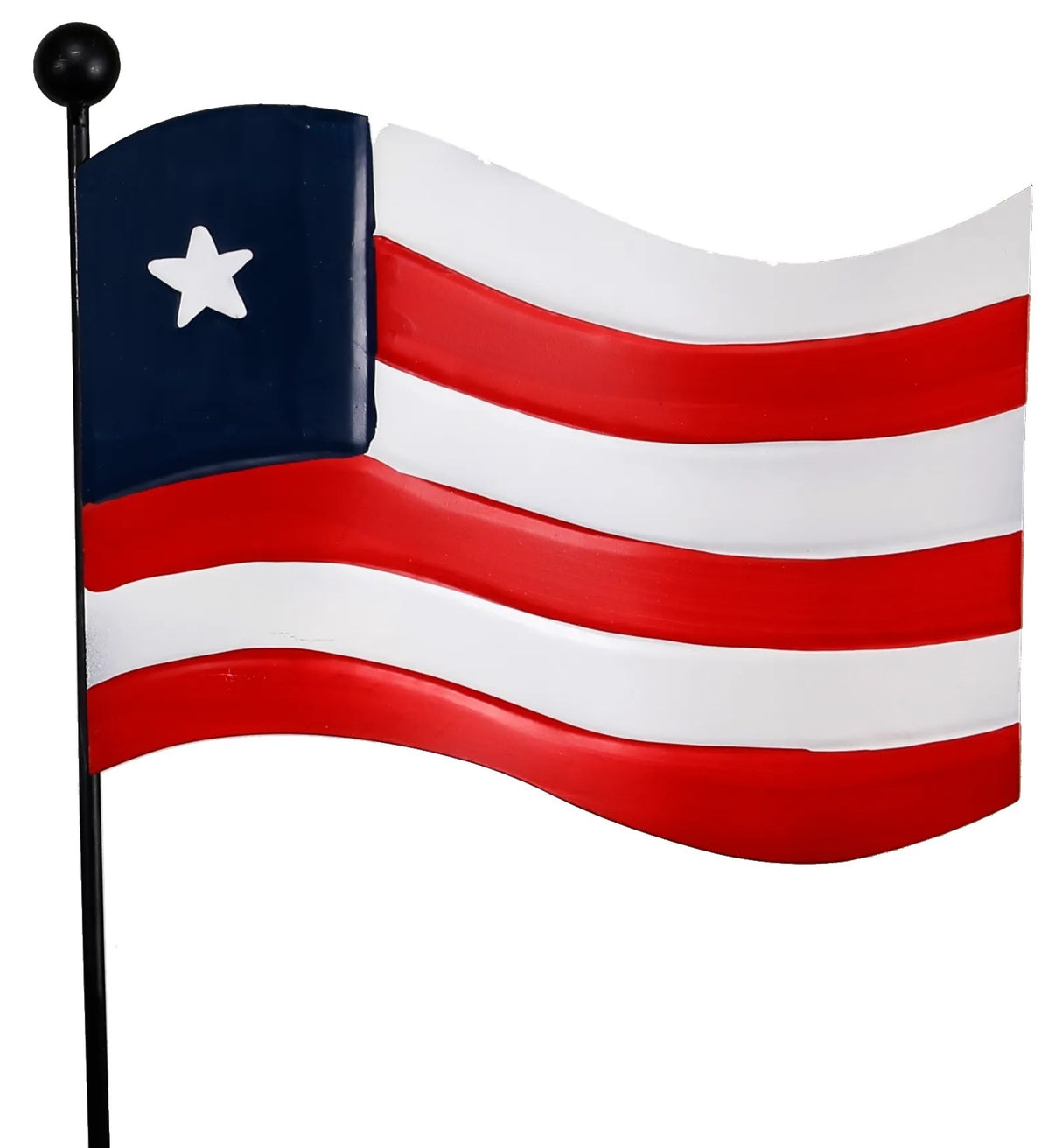 Patriotic outdoor garden stakes. One is shaped like a heart, one is shaped like a star and one is shaped like a flag. They're all red, white and blue and designed to look like the American flag.