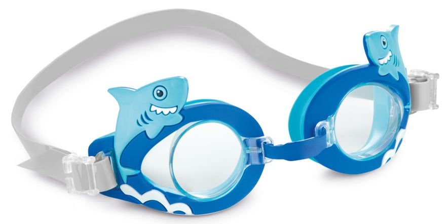 Fun swimming goggles for kids. One features light blue eye cups with pink butterflies and flowers on it with a yellow strap. One features red eye cups that are shaped like crabs with a yellow strap. One features blue eye cups with light blue smiling sharks and a gray strap.
