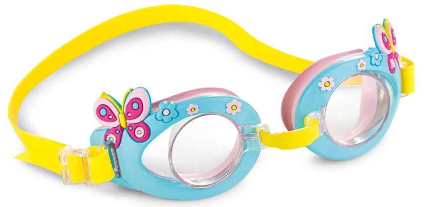 Fun swimming goggles for kids. One features light blue eye cups with pink butterflies and flowers on it with a yellow strap. One features red eye cups that are shaped like crabs with a yellow strap. One features blue eye cups with light blue smiling sharks and a gray strap.