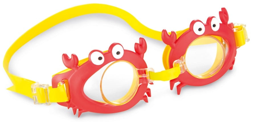 Fun swimming goggles for kids. One features light blue eye cups with pink butterflies and flowers on it with a yellow strap. One features red eye cups that are shaped like crabs with a yellow strap. One features blue eye cups with light blue smiling sharks and a gray strap.