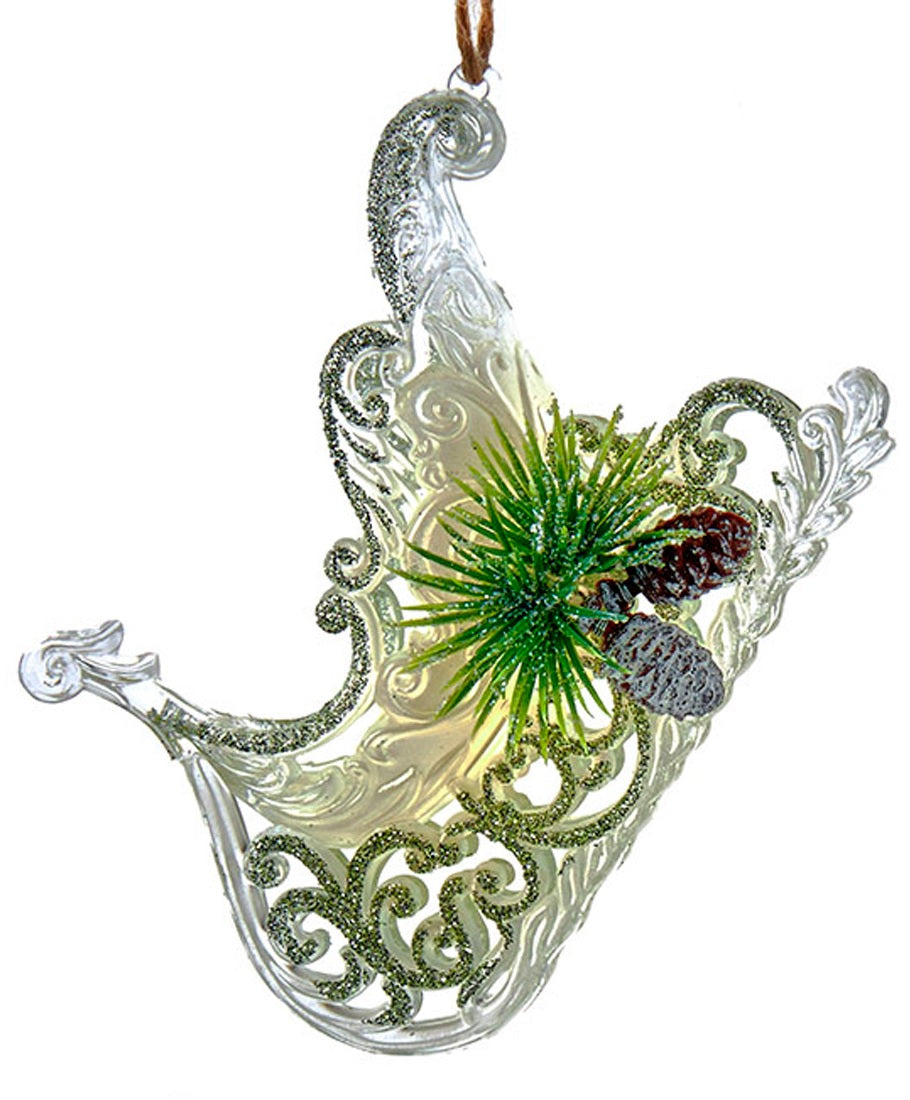 4.3" Clear, Ivory and Sage Sled with Pine Cone Ornament