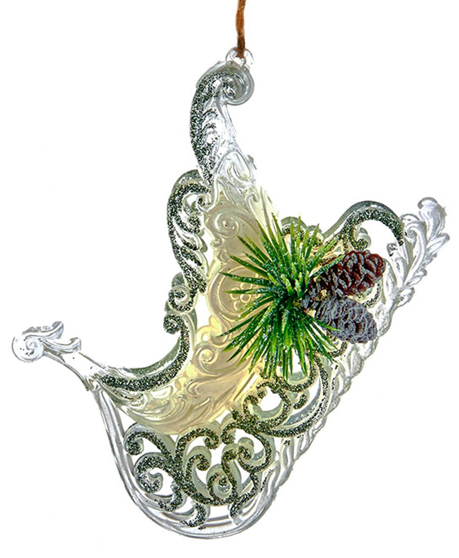 4.3" Clear, Ivory and Sage Sled with Pine Cone Ornament