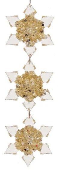 Hanging ornaments shaped like snowflakes.