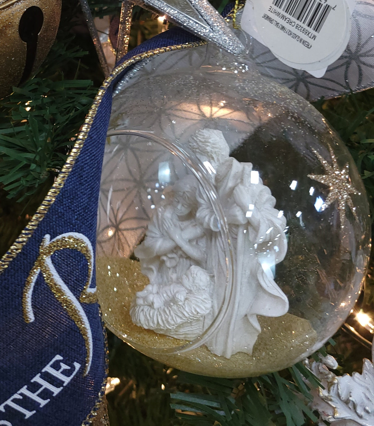 4" Resin Holy Family in Gold Glitter Glass Ball Ornament