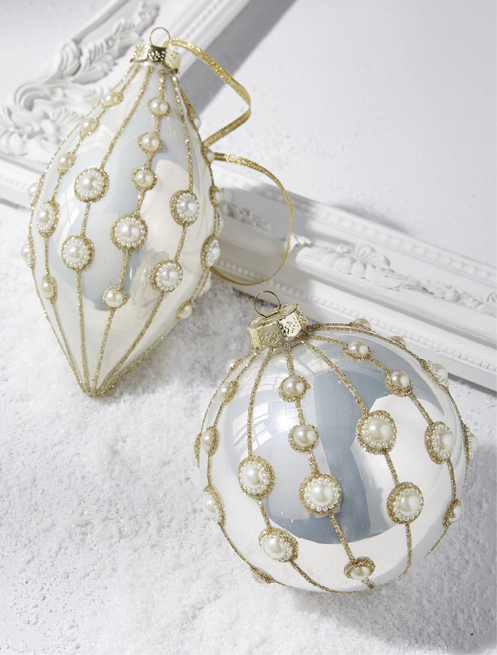 4" Pearl Embellished White Glass Christmas Ornament