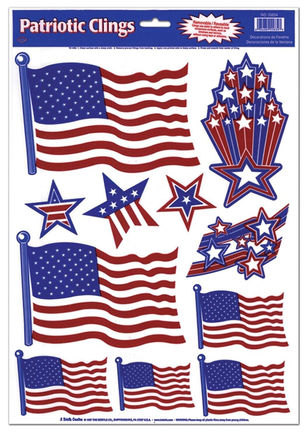 Patriotic window cling decorations. They're all red, white and blue. Some look like flags, some look like stars and some look like stars with fireworks.