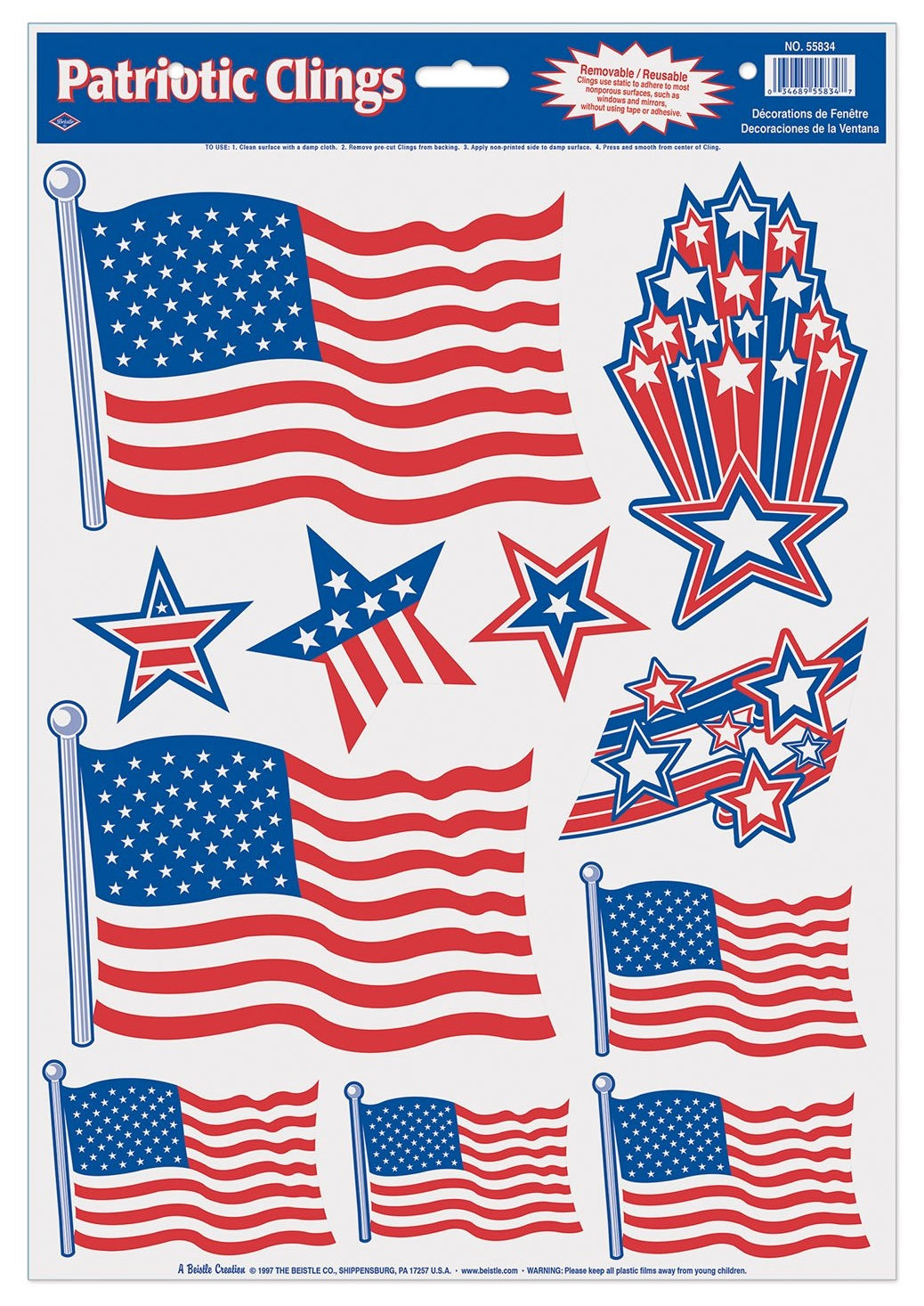 Patriotic window cling decorations. They're all red, white and blue. Some look like flags, some look like stars and some look like stars with fireworks.