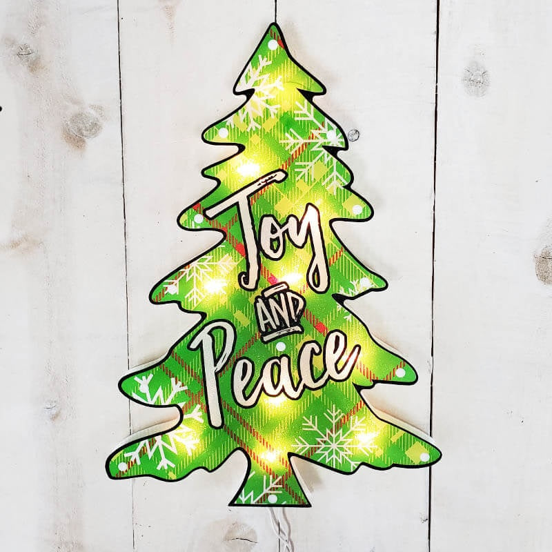 16" Joy & Peace Tree Christmas Shimmer Lighted Window Decoration Tree