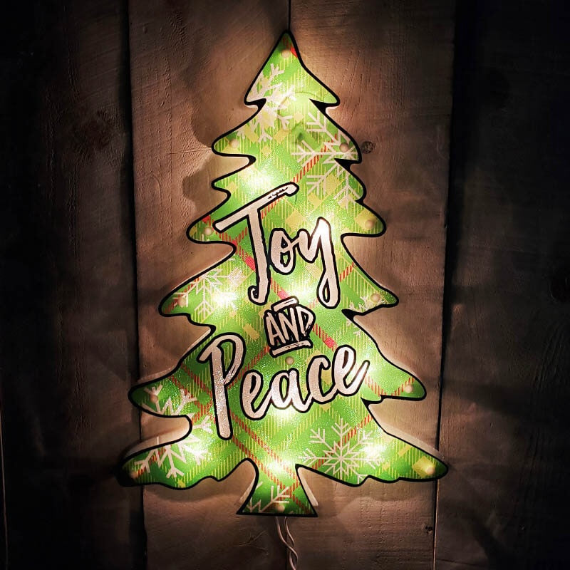 16" Joy & Peace Tree Christmas Shimmer Lighted Window Decoration Tree